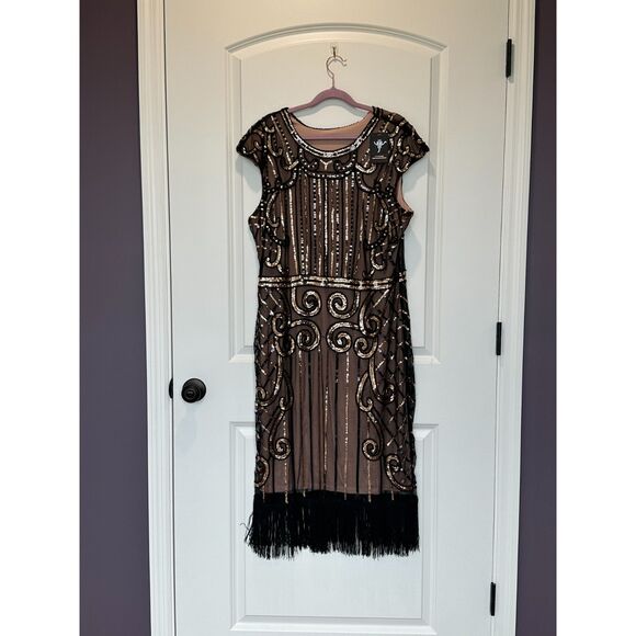 NWT Vijiv Sequin Beaded Vintage Inspired 1920s Dress Brown Black Fringe Size XXL - Picture 2 of 9